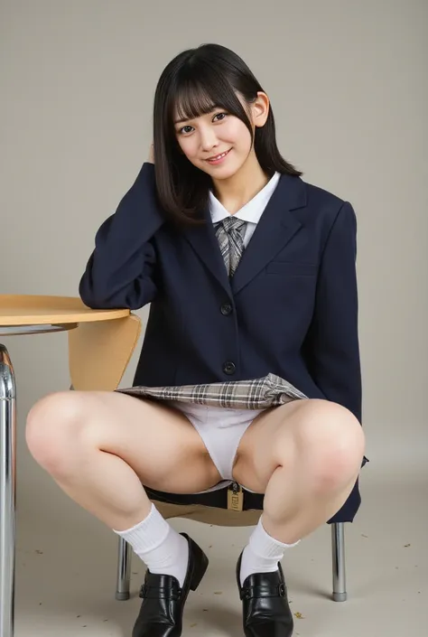 top quality made of straw、masterpiece、((((The white panties are visible from the crotch))))、1 girl、I、 an 18-year-old Japanese girl 、 wearing a high school uniform 、( body facing the camera :1.3)、(((((( sit in a school chair with your legs spread out to the...