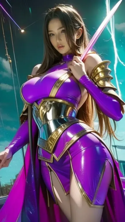 Picture of a woman wearing purple clothes and holding a sword,  a knight girl of the zodiac , Opal Armor, Charming Angel Woman Digimon, portrait  a knight girl of the zodiac , wearing fairy-like combat armor, Lightning Wizard as Maya Ali , Katana Zero Vide...