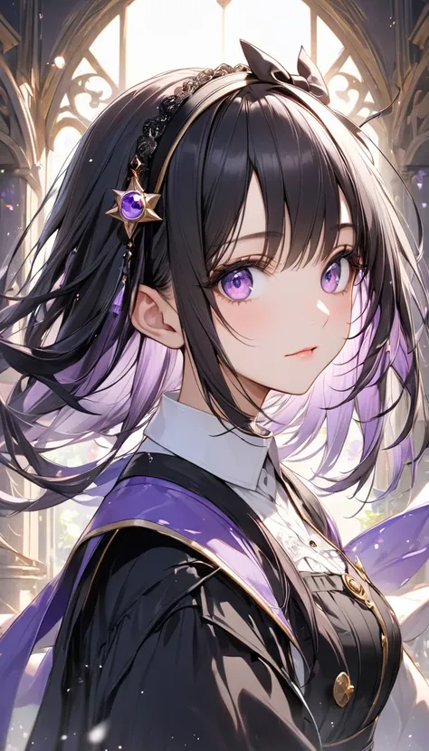 TOP QUALITY, masterpiece, high definition, Alone, {Akemi_ Homura_魔法少女まどか☆マギカ:1.15}, black_hair, length_hair, hairband, purple _eye, , 1 girls on the left,  accurately _in_viewer,  magical_ girls on the left, portrait, black_hairband