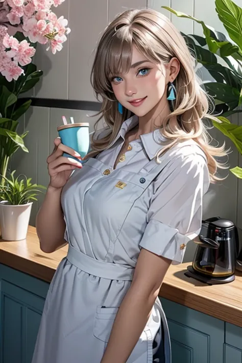 (from above:1.1),((1girl, silverblonde hair, long hair, qutel blue eyes, beautiful eyes, pretty smile:1.5, ), coloring watercolor digital pencil ,Cherry blossoms falling,an animated painting of a woman in an apron standing at a coffee maker, 1girl, brown h...