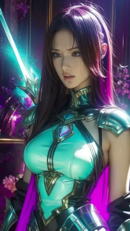 Picture of a woman wearing purple clothes and holding a sword,  a knight girl of the zodiac , Opal Armor, Charming Angel Woman Digimon, portrait  a knight girl of the zodiac , wearing fairy-like combat armor, Lightning Wizard as Maya Ali , Katana Zero Vide...