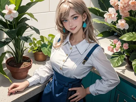 (from above:1.1),((1girl, silverblonde hair, long hair, qutel blue eyes, beautiful eyes, pretty smile:1.5, ), coloring watercolor digital pencil ,Cherry blossoms falling,an animated painting of a woman in an apron standing at a coffee maker, 1girl, brown h...