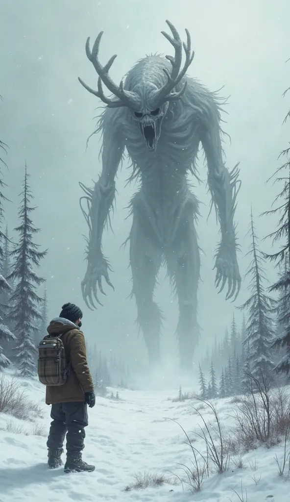 Person watching the wendigo in the snow 