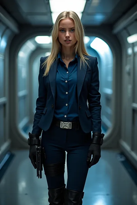 Foto hiperrealista en primer plano de Emily Sears, masterpiece, best quality, (photorealistic:1.4), full body, (navy blue buttoned shirt:1.2), (navy blue jacket:1.2), (navy blue tactical pants:1.2), Black knee high boots, in a spaceship room from a Star Wa...