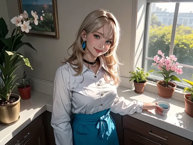 (from above:1.1),((1girl, silverblonde hair, long hair, qutel blue eyes, beautiful eyes, pretty smile:1.5, ), coloring watercolor digital pencil ,Cherry blossoms falling,an animated painting of a woman in an apron standing at a coffee maker, 1girl, brown h...