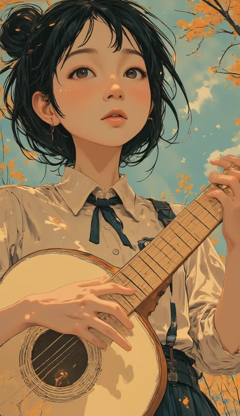 Fisheye 、Close up of a poster of a beautiful schoolgirl playing a guitar,full bangs、uniform、 Album cover by Sadamichi Hirasawa , dribble, Rayon Doctrine, Otomo manga, Set in 1992 in Japan , 90s japan, Otomo, tetsuo hara and katsuhiro Otomo, Satoshi - Co...