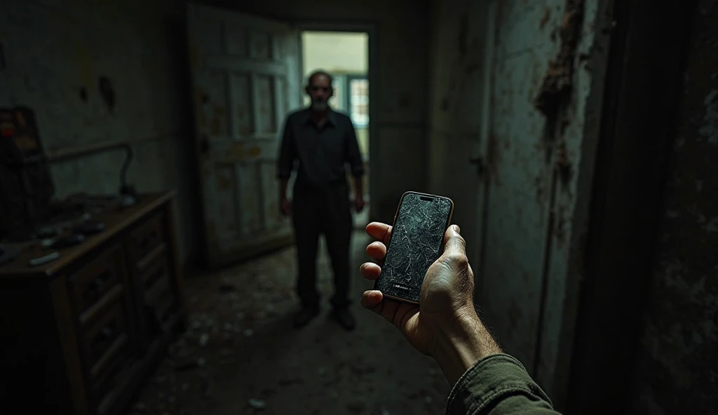 A first-person perspective of an old man standing in a dimly lit, crumbling room. His frail, wrinkled hands tremble slightly as he lifts a dusty, cracked mobile phone from the small, worn-out wooden table. The weak glow of the screen flickers in the darkne...