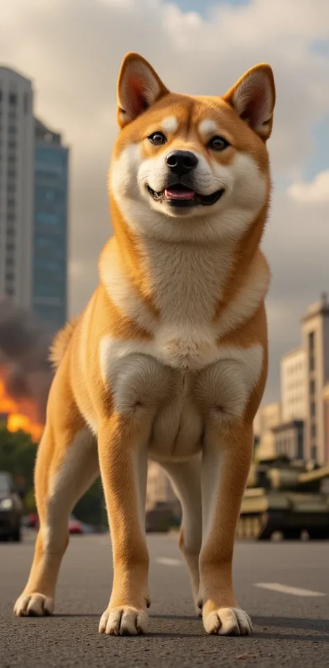 Shiba Inu, standing,cute,up,The city area explodes,(((tank))), Helicopter ,high definition, masterpiece, anatomically correct, 最high quality, has won numerous awards, high detail, high definition model, high quality, very detailed, Ultra Fine, 