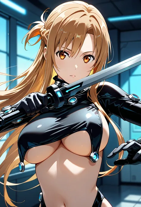 masterpiece,best quality,depth of field, portrait:1.3,blurred background,official art,wall paper,absurdres, beautiful detailed face,detailed texture,detailed skin,BREAK 1girl,sao,source_sao,asuna,gantz suit,breast curtain,sideboobs,bare stomach,holding a s...