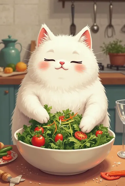 There is a fat white cat make salad in a bowl 