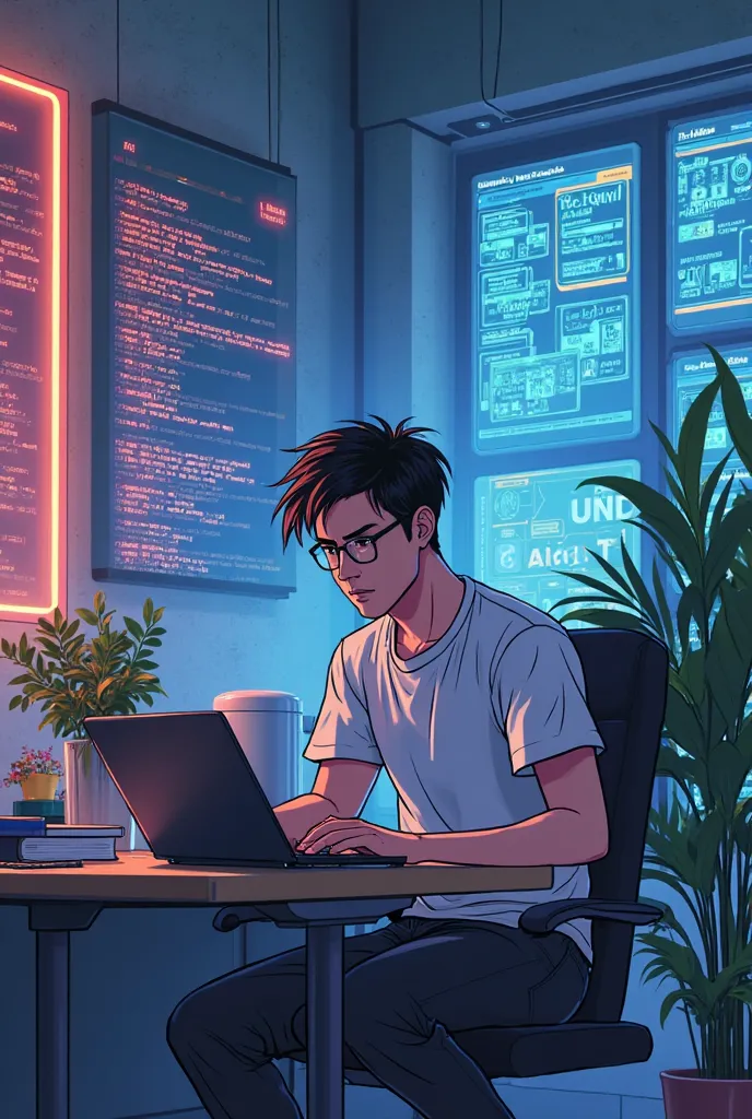 Create a pic of man who is using laptop in his office and in background attach posters of coding make it ni anime 