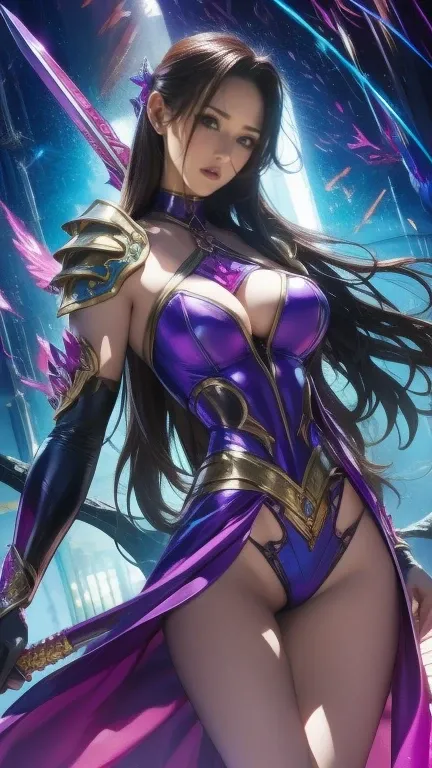 Picture of a woman wearing purple clothes and holding a sword,  a knight girl of the zodiac , Opal Armor, Charming Angel Woman Digimon, portrait  a knight girl of the zodiac , wearing fairy-like combat armor, Lightning Wizard as Maya Ali , Katana Zero Vide...