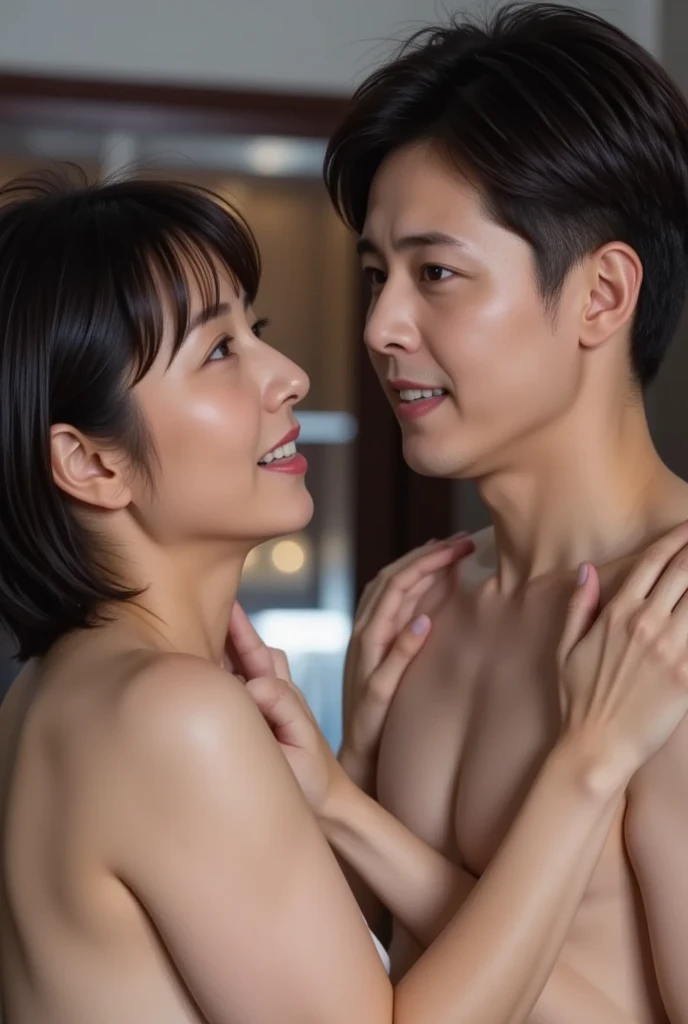 ( A topless Japanese mature woman 50yo standing with gigantic sagging breasts, wrinkles on face, sadly looking up, smooching), (a naked young guy 18yo standing in front of woman, touching woman), woman and guy facing and looking at each other, smiling, on ...