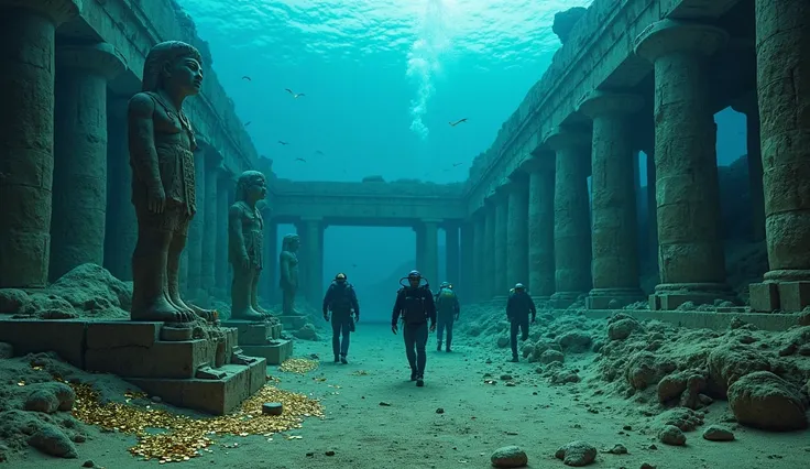 Underwater ruins of an ancient Egyptian city. Giant statues covered in marine growth, collapsed temple columns, and gold coins scattered on the ocean floor. A team of divers with flashlights explores the submerged relics, revealing hidden artifacts.