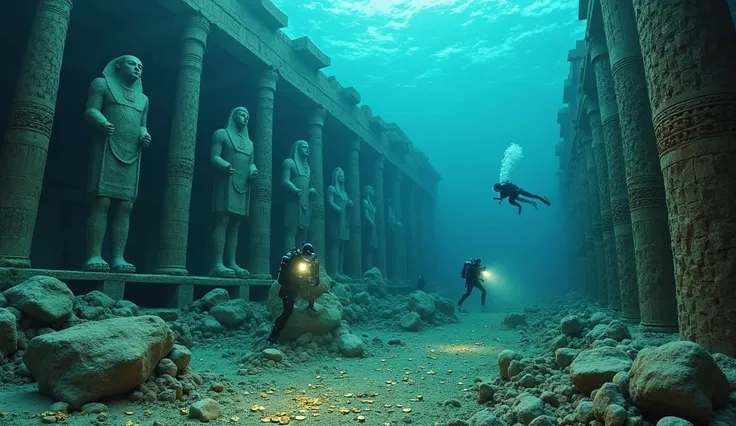 Underwater ruins of an ancient Egyptian city. Giant statues covered in marine growth, collapsed temple columns, and gold coins scattered on the ocean floor. A team of divers with flashlights explores the submerged relics, revealing hidden artifacts.