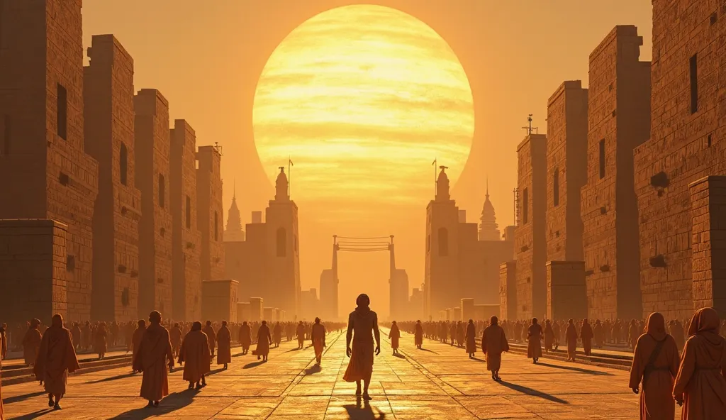 A grand, sunlit city of ancient Egypt with wide streets and towering temples dedicated to the sun god Aten. The city is full of life, priests and workers moving through the streets. In the distance, Pharaoh Akhenaten stands before an enormous sun disk, sym...