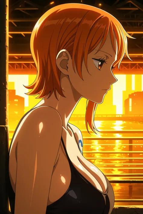 masterpiece, best quality, amazing quality, 1girl, nami, one piece, from side, depressed, expressionless, :|, looking to the side, orange light, ambient studio lighting, cyberpunk bridge, bridge background, shiny skin, (anime screencap:1.2)