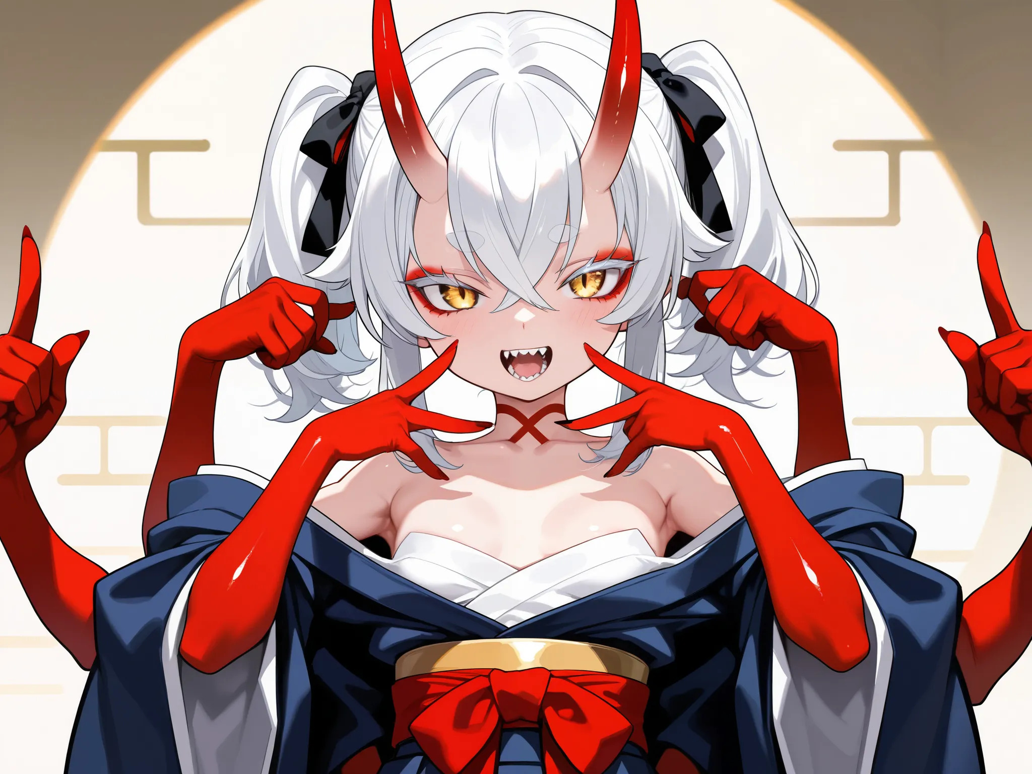 Masterpiece, detailed, high resolution illustration, 1 girl, Small breasts, long horns, bright skin, horns, oni, mesugaki, white hair, crossed bangs, twintails, white eyelashes, white eyebrows, red eyeshadow medium hair, shiny skin, gold eyes, japanese clo...