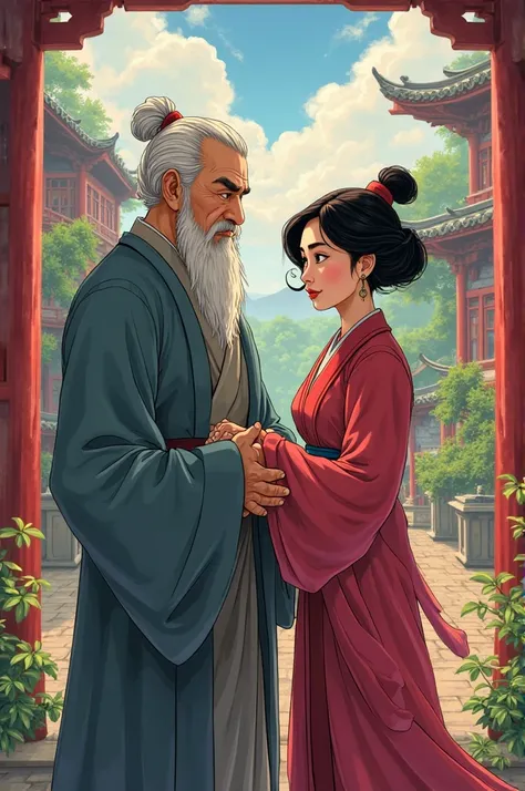 A picture of Mulan with her short hair and her father Anime