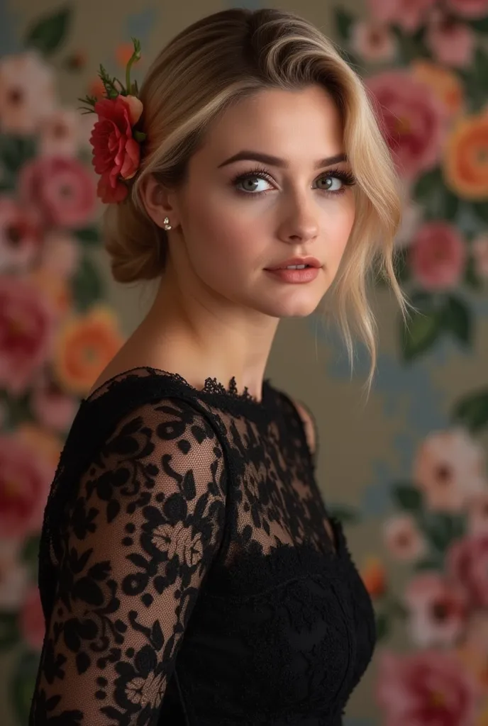 8k, masterpiece, highest quality, elegant, (alicia silverstone) 1girl, black lace dress, floral hair accessory, soft makeup, delicate features, floral background, pink and orange flowers, studio lighting, high-resolution, fashion photography, beauty portra...