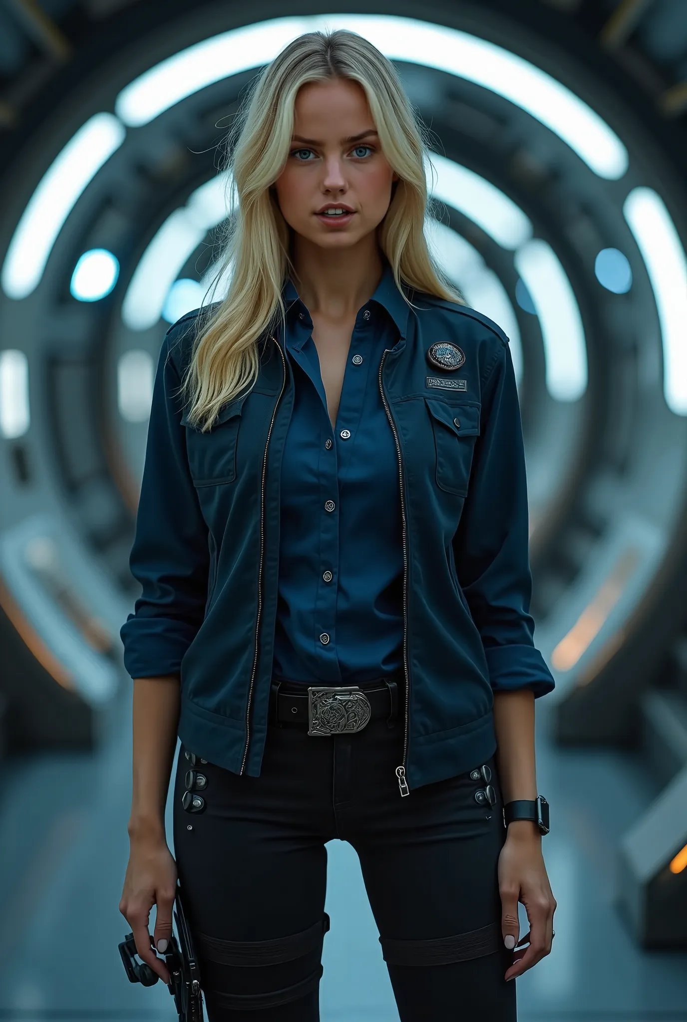 Foto hiperrealista en primer plano de Emily Sears, masterpiece, best quality, (photorealistic:1.4), full body, (navy blue buttoned shirt:1.2), (navy blue jacket:1.2), (navy blue tactical pants:1.2), Black knee high boots, in a spaceship room from a Star Wa...