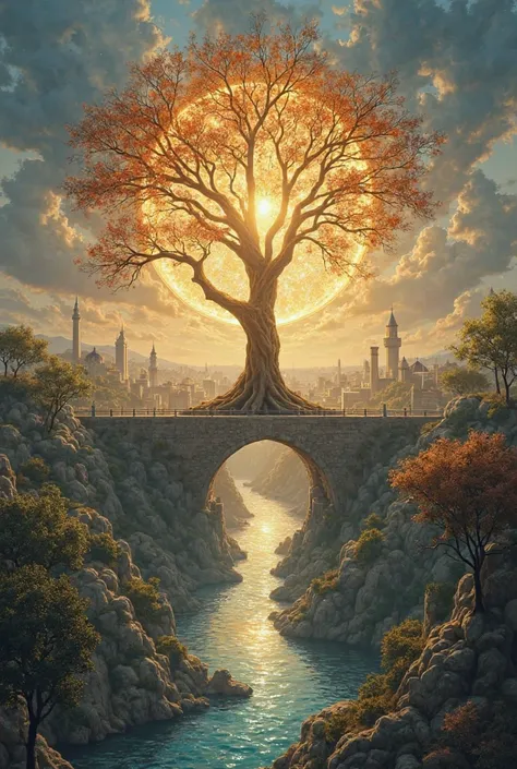 A square city, beautiful as elves, A very beautiful view from afar that represents the new Jerusalem, with the tree of life in the center that divides its trunk in two like a bridge and in the middle crosses the river of life and behind the glory of the th...