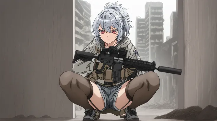 and a fleshy, glamorous figure。 with short silver hair tied in a ponytail with a navy hair band 、 red eyes。The expression of pleasure 。equipped with black tactical armor over a gray hooded jacket、grey denim shorts over thigh length stockings with a black g...