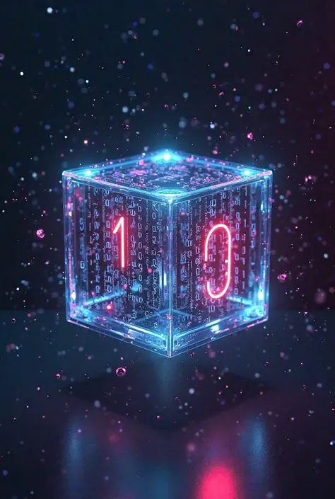  stylized for a DJ, a cube that floats, the cube is semitransparent on it, the numbers 1 and 0 are written in binary code .  real, logo, neon colors glow