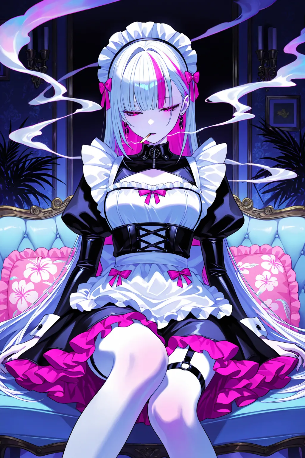 cool beauty, random color hair, slender body, half-closed eyes, rest, maid exotic fashion, tropical motif room, feet out of frame, neon color, smoke, cigarette,