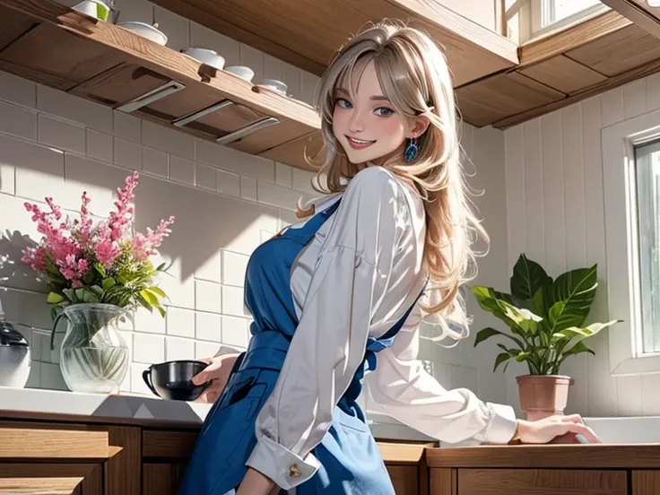 (from below:1.1),((1girl, silverblonde hair, long hair, qutel blue eyes, beautiful eyes, pretty smile:1.5, ), coloring watercolor digital pencil ,Cherry blossoms falling,an animated painting of a woman in an apron standing at a coffee maker, 1girl, brown h...