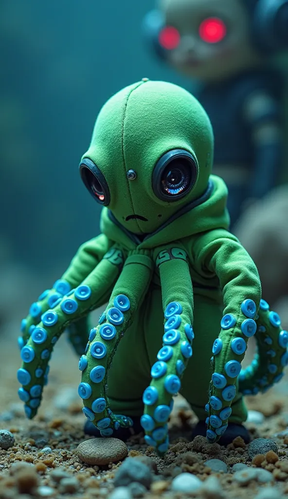 "A tiny but dangerous blue-ringed octopus in a green Squid Game tracksuit with the number 456. Its soft, flexible body squeezes into the outfit, with its glowing blue rings pulsing slightly as it freezes in place. The octopus has spread its tentacles wide,...