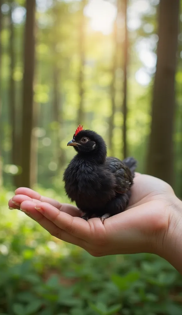 "A tiny 5-inch hen sitting on the palm of a human hand. The hand is gently cupping the hen black with fingers wrapped around it protectively. In the background, a beautiful forest landscape is visible, featuring lush greenery, tall trees, and soft sunlight...