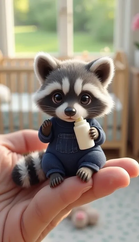 "A tiny, chubby baby raccoon with soft, gray fur and a black mask marking sits comfortably on a human finger. It wears a navy blue baby onesie with a tiny pocket on the front. Its small paws hold a miniature milk bottle, and its fluffy striped tail curls s...