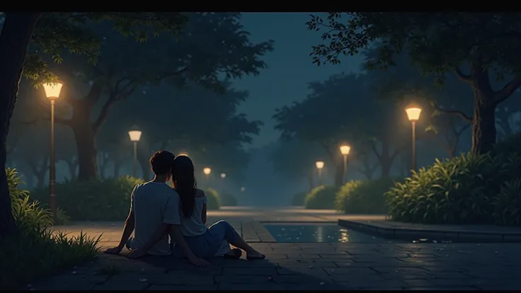 In the animation, a couple sits under the night lights in the park