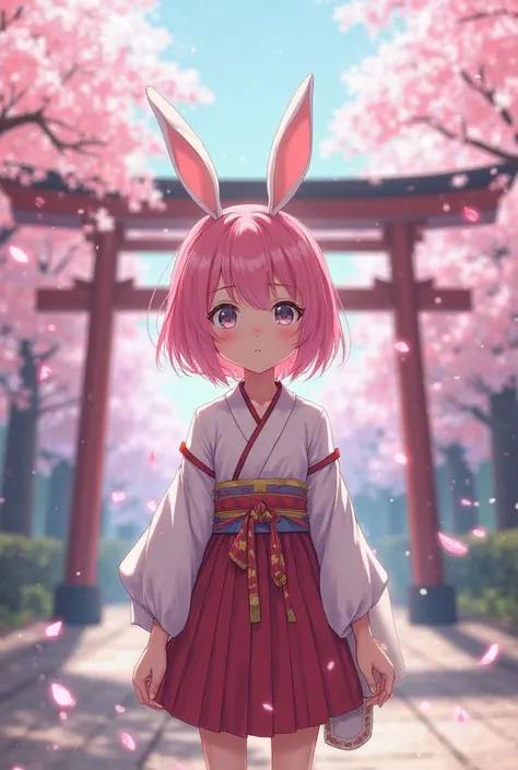 Create me a teenage anime girl, In the costume of a sanctuary guardian, Bunny ears, cabello rosa corto, with a torii door in the background, Sakura trees and falling Sakura petals