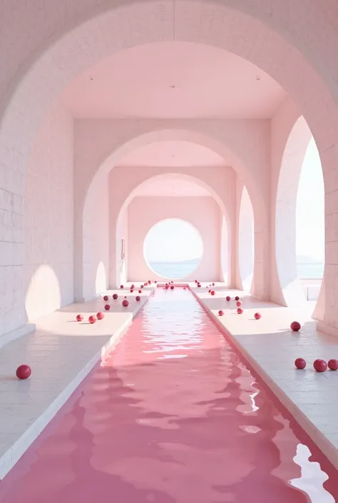 "Create an image of a minimalist and futuristic interior space. The design must include a series of arches and walls covered with white tiles. The floor must be covered with pink water, creating a pool or channel effect with colored balls. Natural lighting...