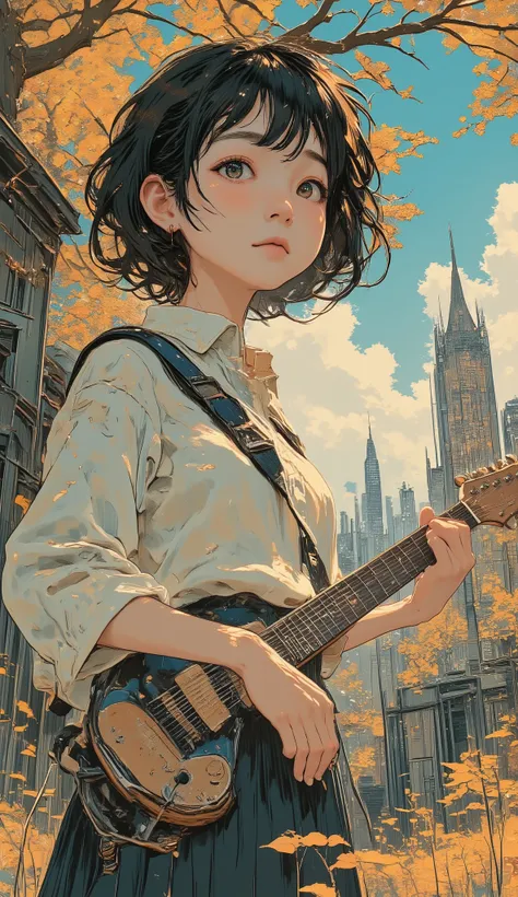 Fisheye 、Close up of a poster of a beautiful schoolgirl playing a guitar,full bangs、uniform、 Album cover by Sadamichi Hirasawa , dribble, Rayon Doctrine, Otomo manga, Set in 1992 in Japan , 90s japan, Otomo, tetsuo hara and katsuhiro Otomo, Satoshi - Co...