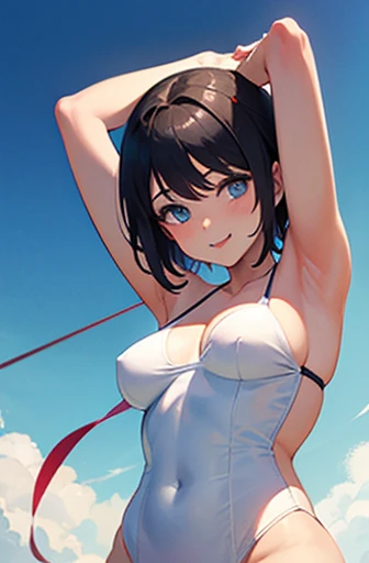 1 girl、cute、smile、  blue eyes、   black hair、(shortcuts)、beautiful breasts、 place your arms behind your head 、 in white underwear、( White slingshot swimsuit )、 ( Looking ahead )、 viewers 、( composition from below)、 digital art 、