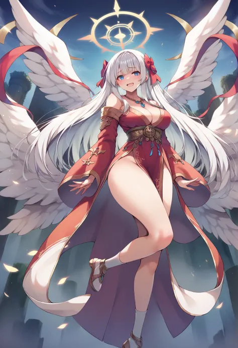  points  _9,  points  _8_go up  ,  points  _7_go up  , source  _anime, 1 girl, bangs, white hair,greek goddess,,laurel,smiling,necklaces,big wings,open breasts, robe ,Sacred Headgear , halo on top,socks,deity,universe,ribbon,red ribbon,red bow ,hair bow ,b...