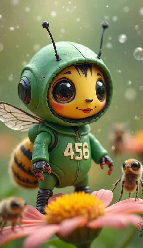 "A hardworking honeybee dressed in a green Squid Game tracksuit with the number 456. Its tiny wings are folded tightly, resisting the urge to buzz. The bee's large, compound eyes reflect the robotic doll standing far away in the flower-filled game arena. O...