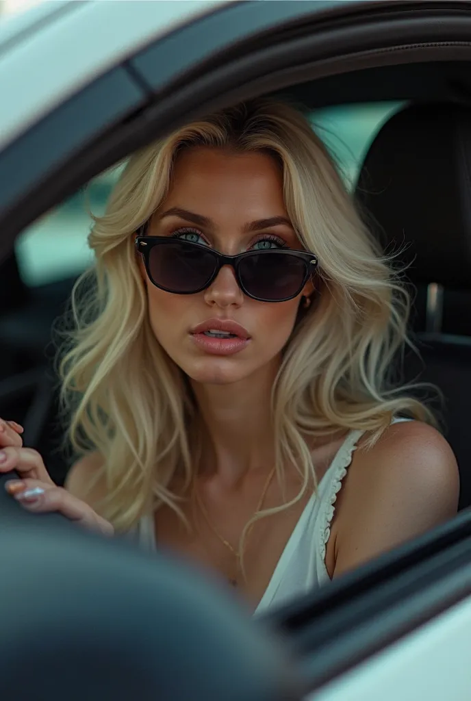 Beautiful blond woman with blue eyes wearing dark glasses inside her car sending a kiss