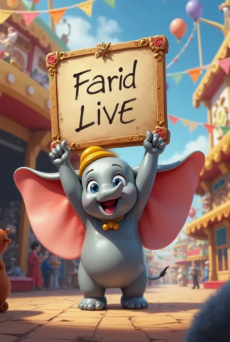 Generate an image of Dumbo with a sign that says farid live 