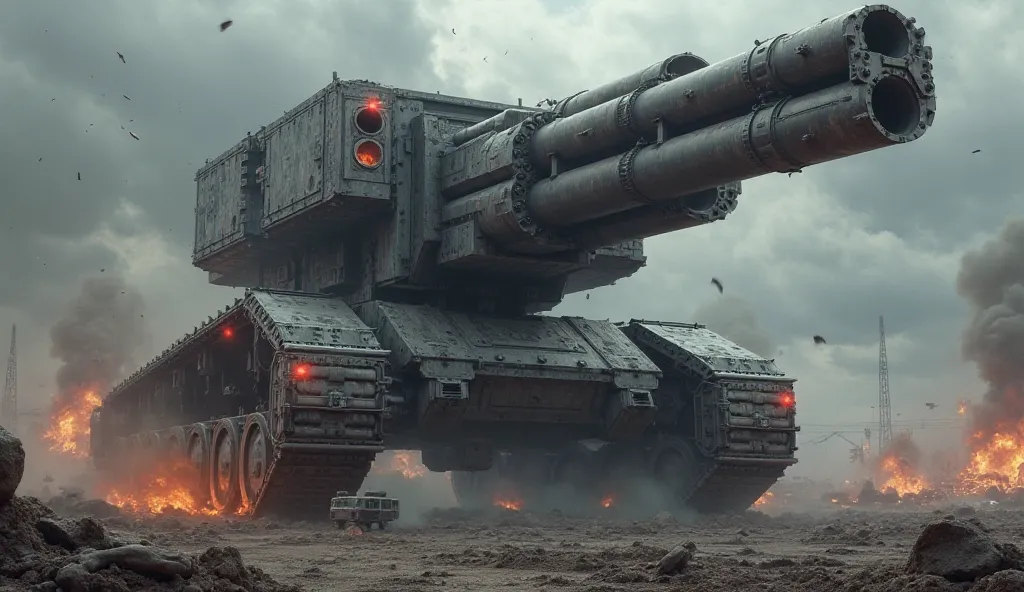 *"Create a hyper-realistic image of a massive and terrifying war machine named 'The Obliterator.' This colossal super-cannon is 200 meters long (about the height of a 20-story building). It looks like a monstrous war vehicle with a gigantic extended cannon...