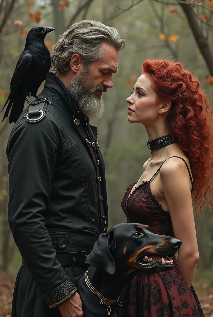 A man with a light beard in the Gothic style has a crow on his shoulder and next to him is a girl looking at him with curly red hair wearing a leather collar and wearing a sexy short dress with a bohemian character and between them is a black Doberman dog 