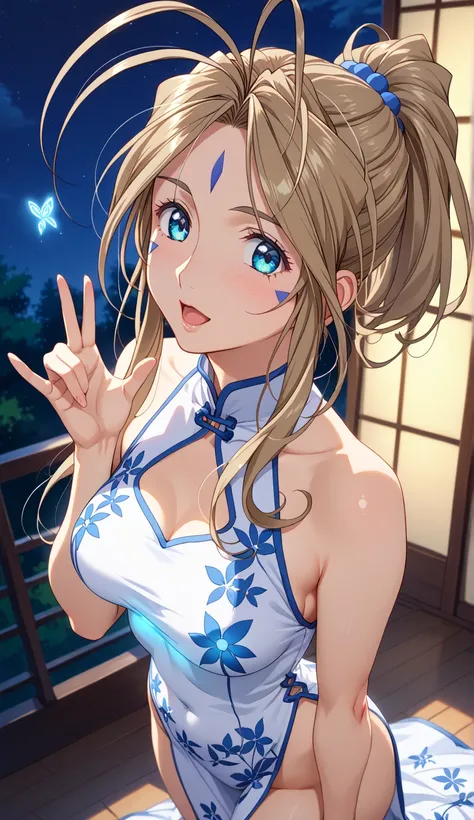 (Belldandy:1.15)、 20 year old girl、solo、 open your mouth and feel shy、 Hair、short hair、high ponytail、Silky Hair、 beautiful hair、Straight Hair、 aqua colored eyes、 beautiful eyes、 Eyeliner、beautiful skin、 white skin、textured skin、(white china dress)、(Glowing...