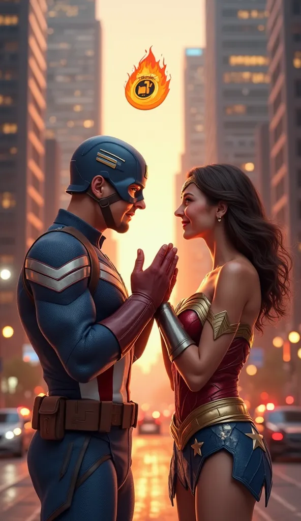 "A hyper-realistic digital painting of Captain America and Wonder Woman standing together in a city street at sunset. Captain America is wearing his classic blue helmet with an 'A', red, white, and blue suit, and brown utility belt. He is pressing his hand...