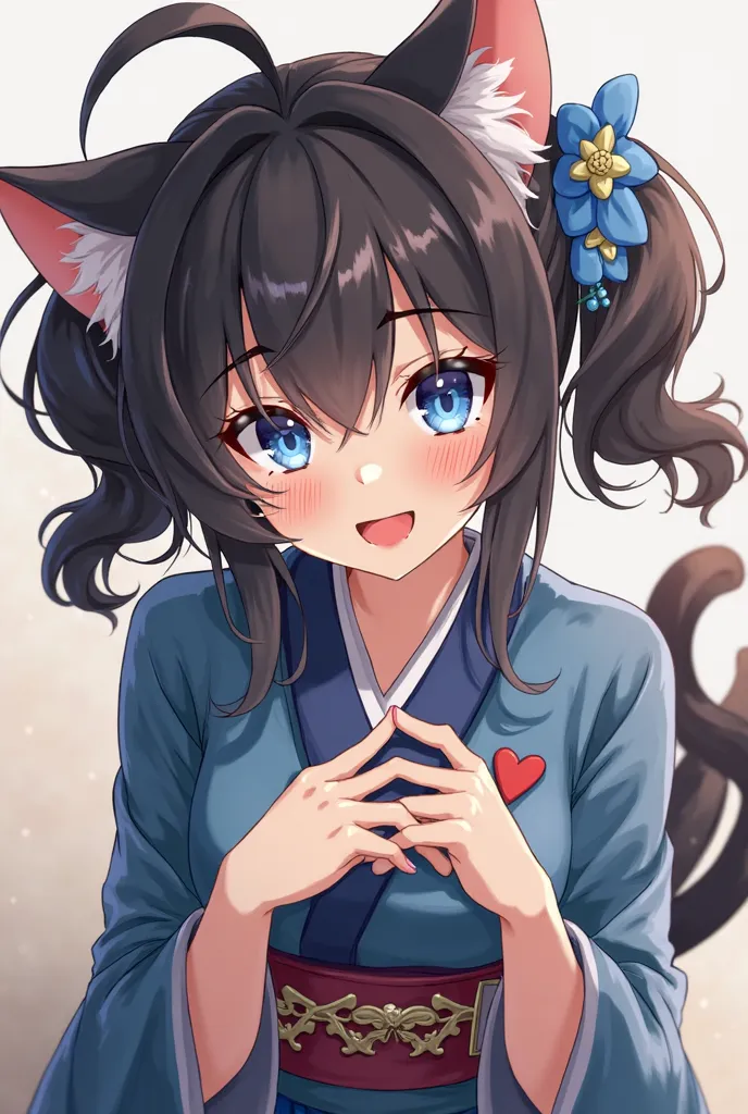 Cat girl with branchy black hair,dressed in a kimono , blue eyes, medium height, seen by the viewer,unhappy pug, with the hair ornament , stick out your tongue,  top view, Breasts, Double tail,Hair in front of the ears, 