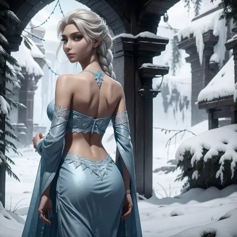 Elsa from Frozen, She should be wearing a blue lace thong and bra. She should be rear-facing the viewer and looking back, 