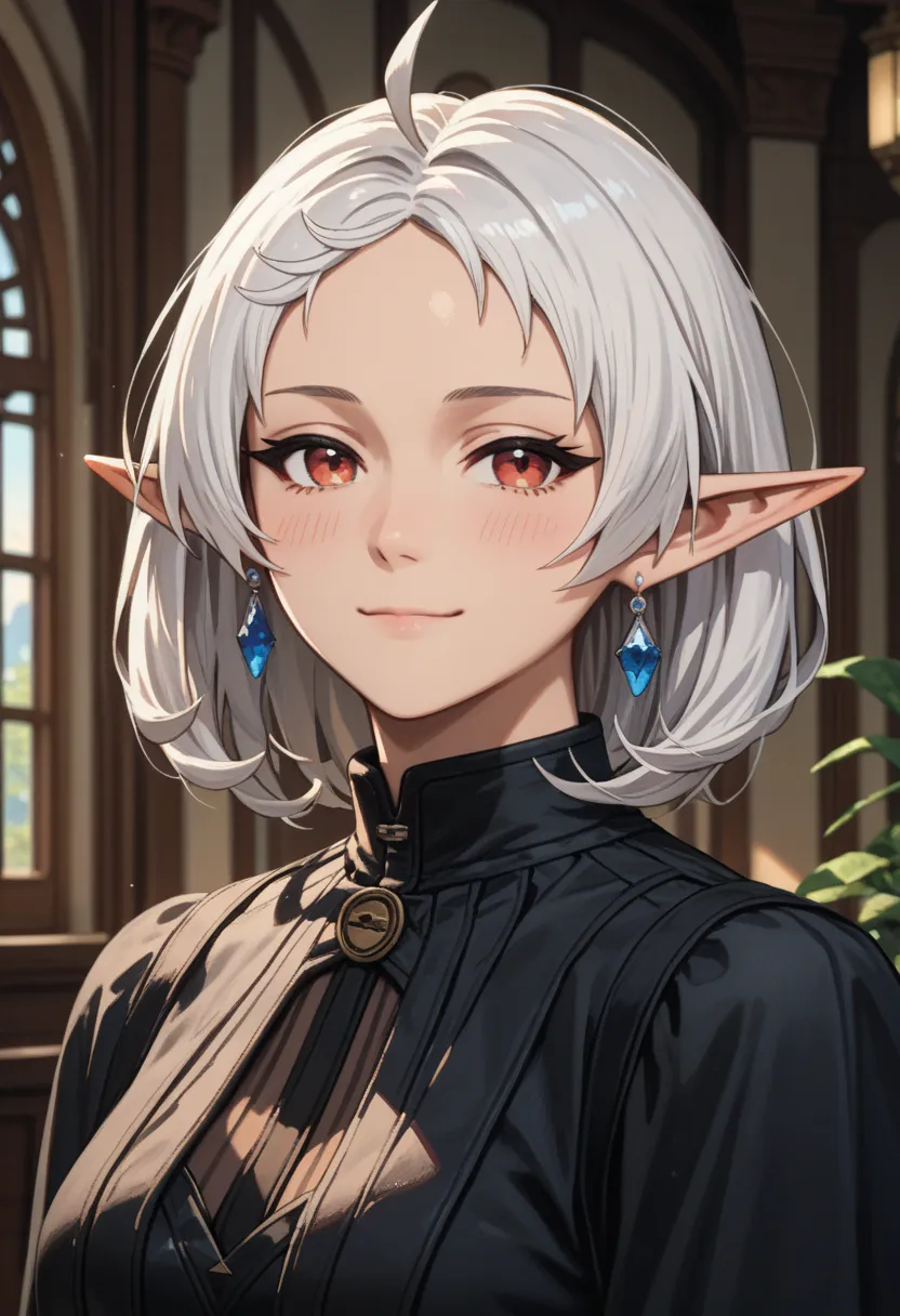 puan_9,
SylphyMT,
1girl, solo, closed mouth, slight smile, slight blush,
white hair, multicolored eyes, forehead, ahoge, medium hair, pointed ears, earrings,
Black costume, long shot