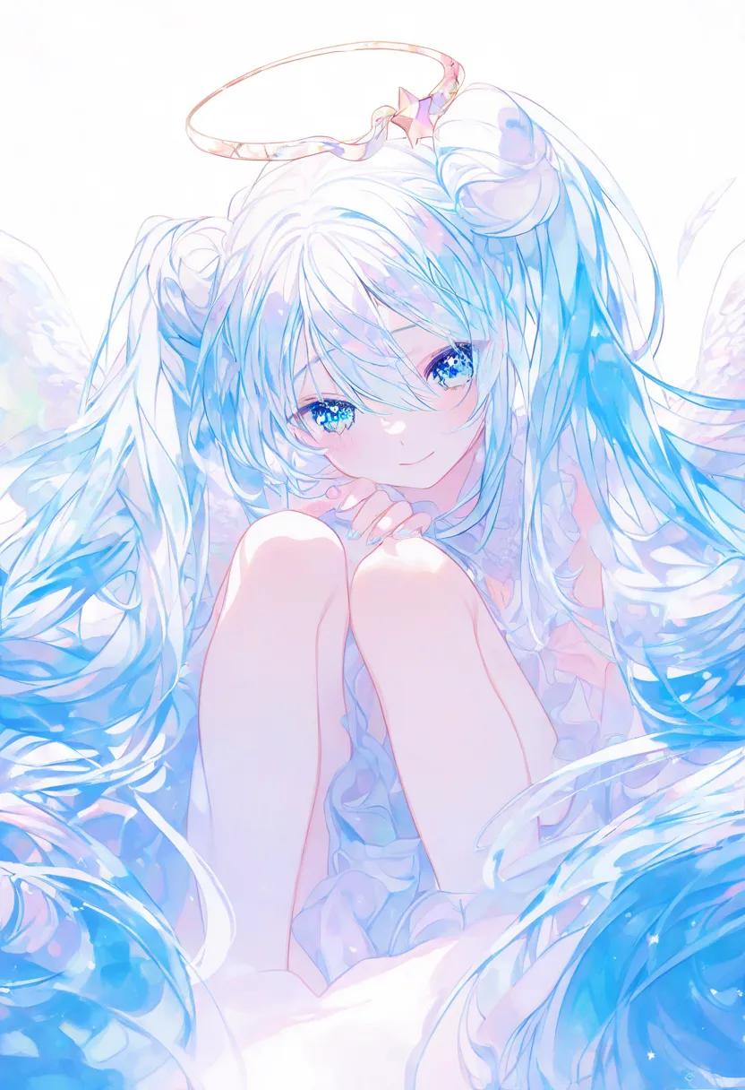 best quality,wind, beautiful,colorful color, sky blue color, soft line, best quality, beautiful,perfect Face,  Hatsune miku sitting on the floor, looking at viewer,  bun hair ,cinna miku,  Low saturation illustration, transparency illustration, miku Cospla...